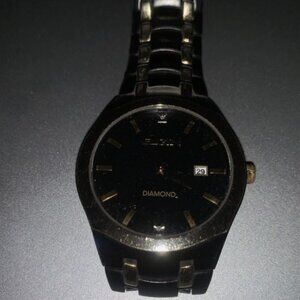 Mens Elgin Diamond 40mm Black Gold Tone Watch FG8021 , NEEDS A NEW BATTERY